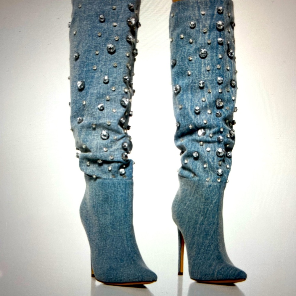 Azalea Wang (Akira) Diamond/Denim Calf Boots